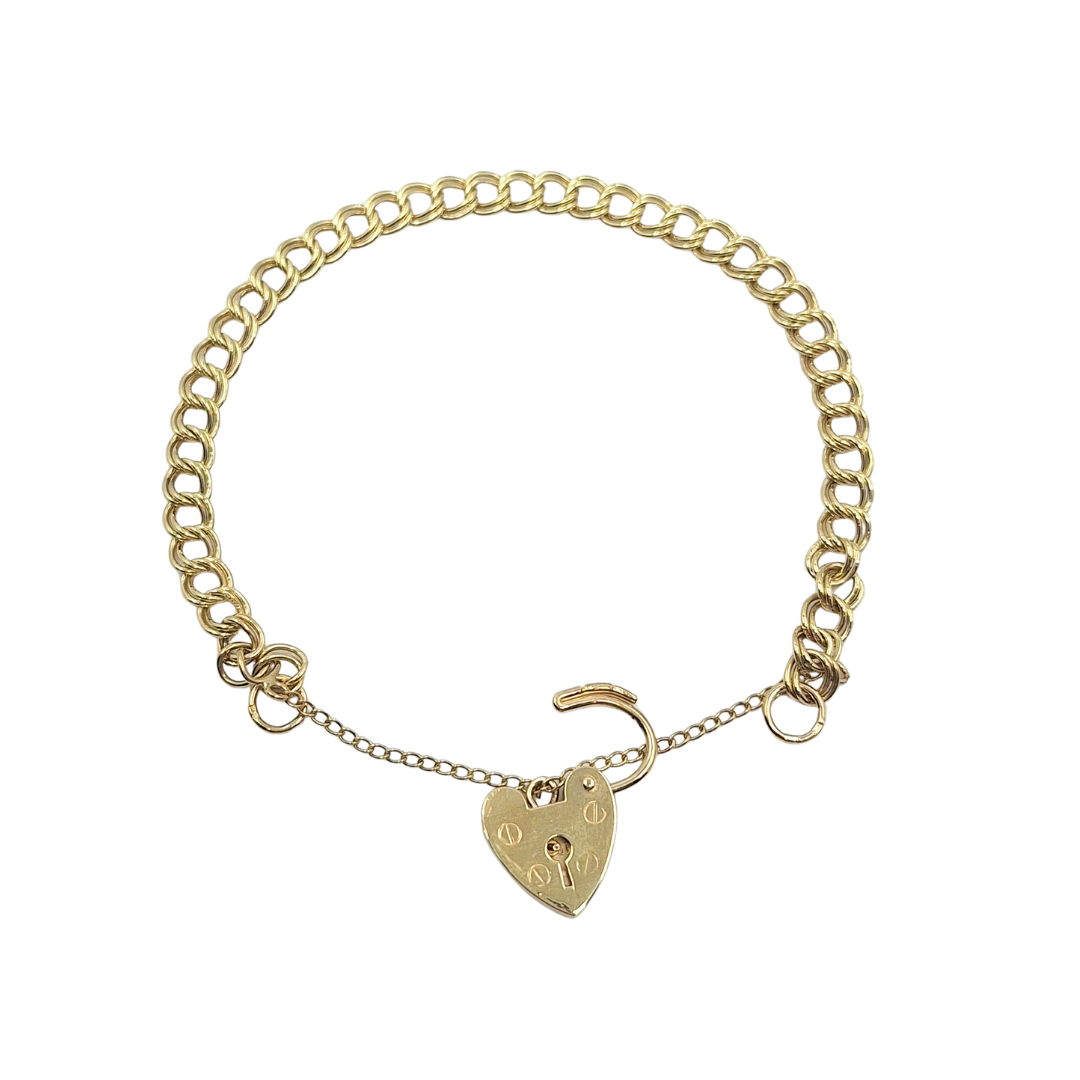 9ct Yellow Gold Double Link Heart Lock Bracelet