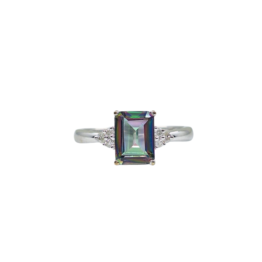9ct White Gold Mystic Topaz & Diamond Trefoil Ring