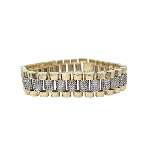 9ct Two Colour Gold Rolex Style CZ Bracelet 8.5"
