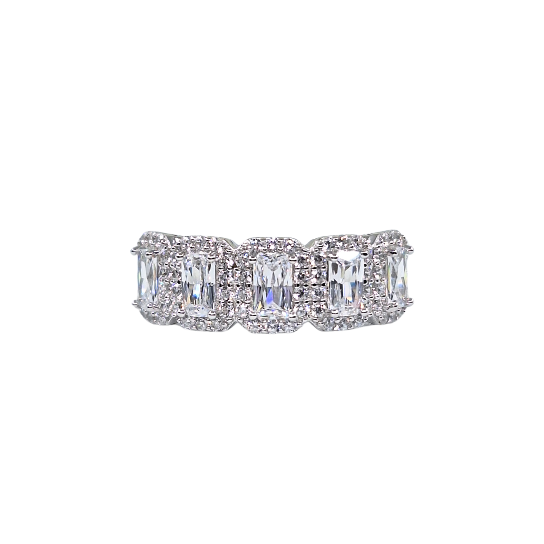 Silver Cubic Zirconia Emerald Cut Halo Ring