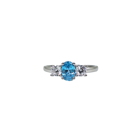 Silver Blue & White Cubic Zirconia 3 Stone Ring