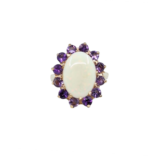9ct Yellow Gold Opal & Amethyst Cluster Ring