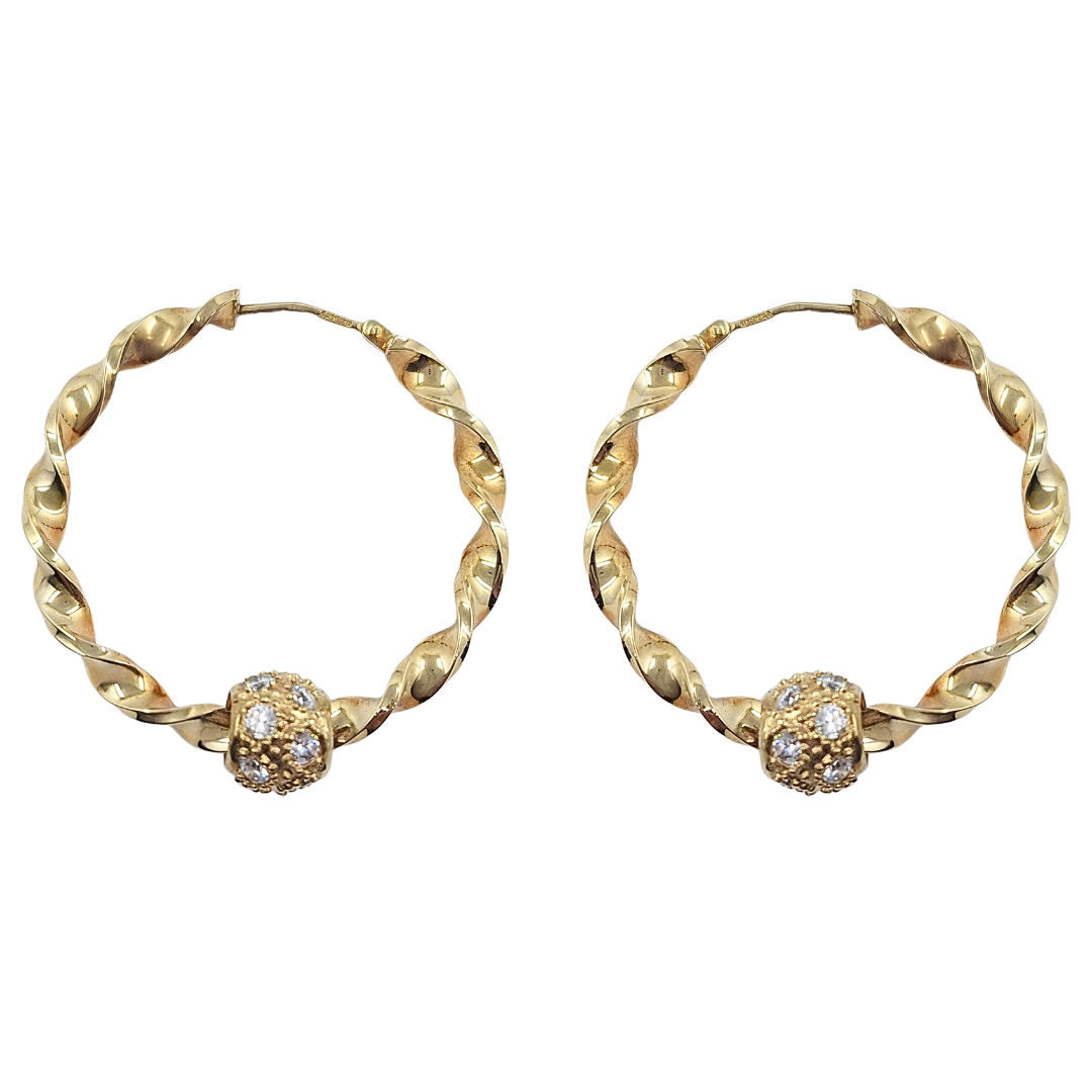 9ct Yellow Gold Twist CZ Ball Hoops