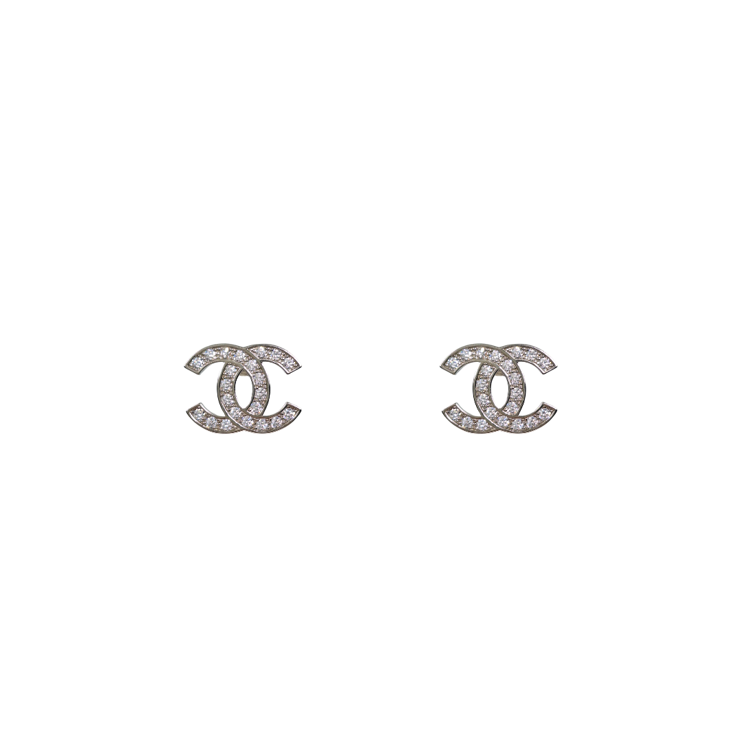 Silver Cubic Zirconia Chanel Style Stud Earrings
