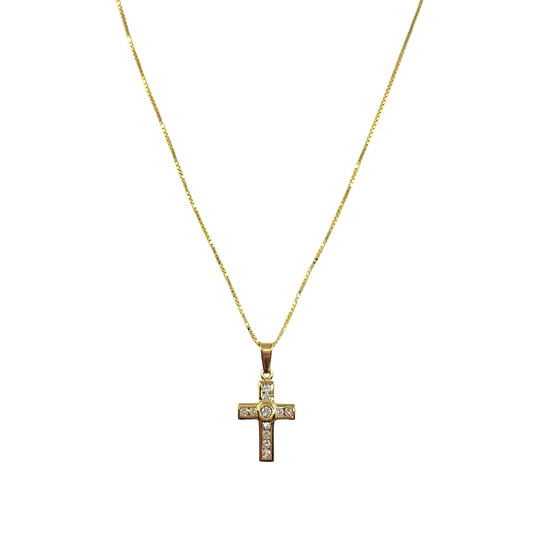 18ct Yellow Gold Diamond Set Cross & Chain 18"