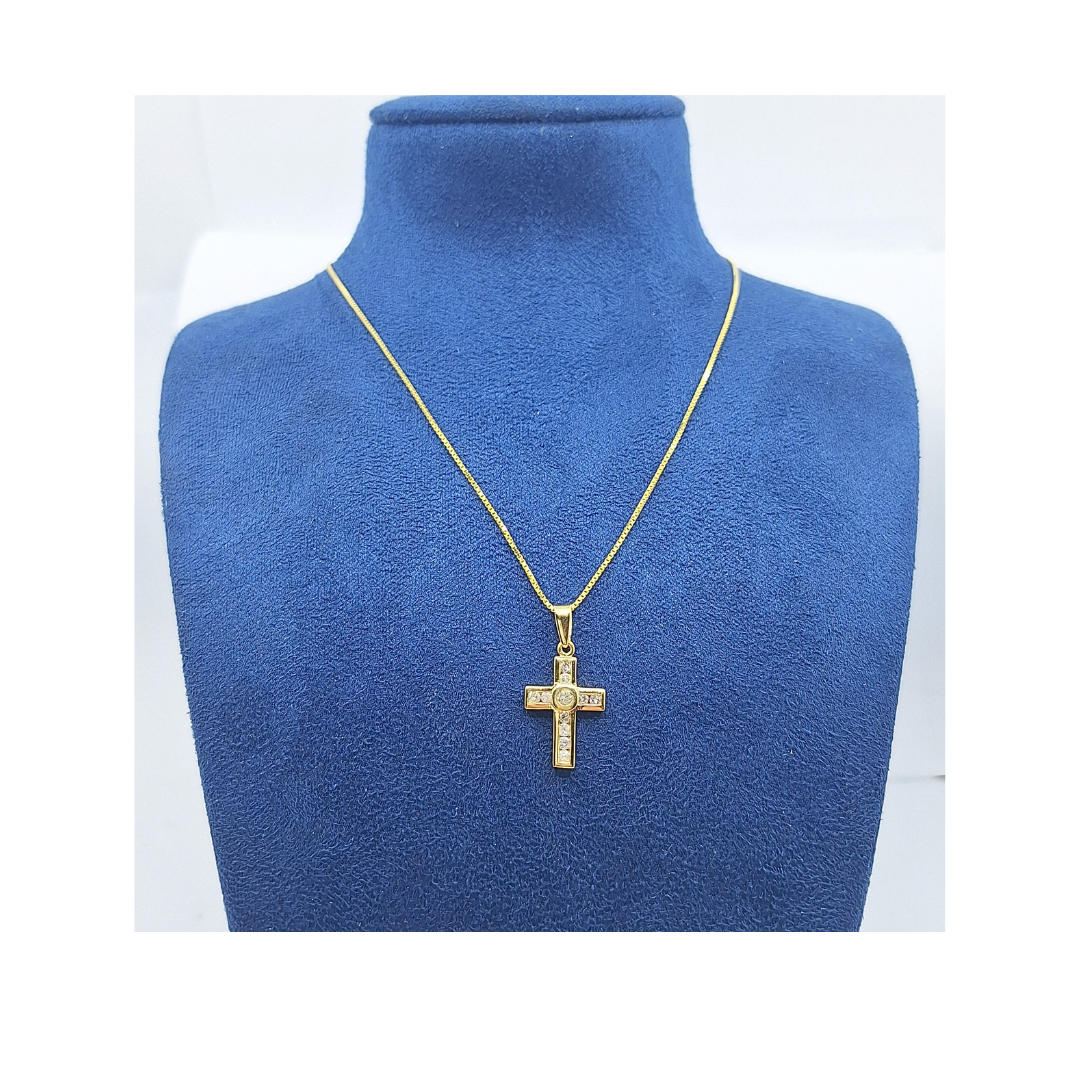 18ct Yellow Gold Diamond Set Cross & Chain 18"