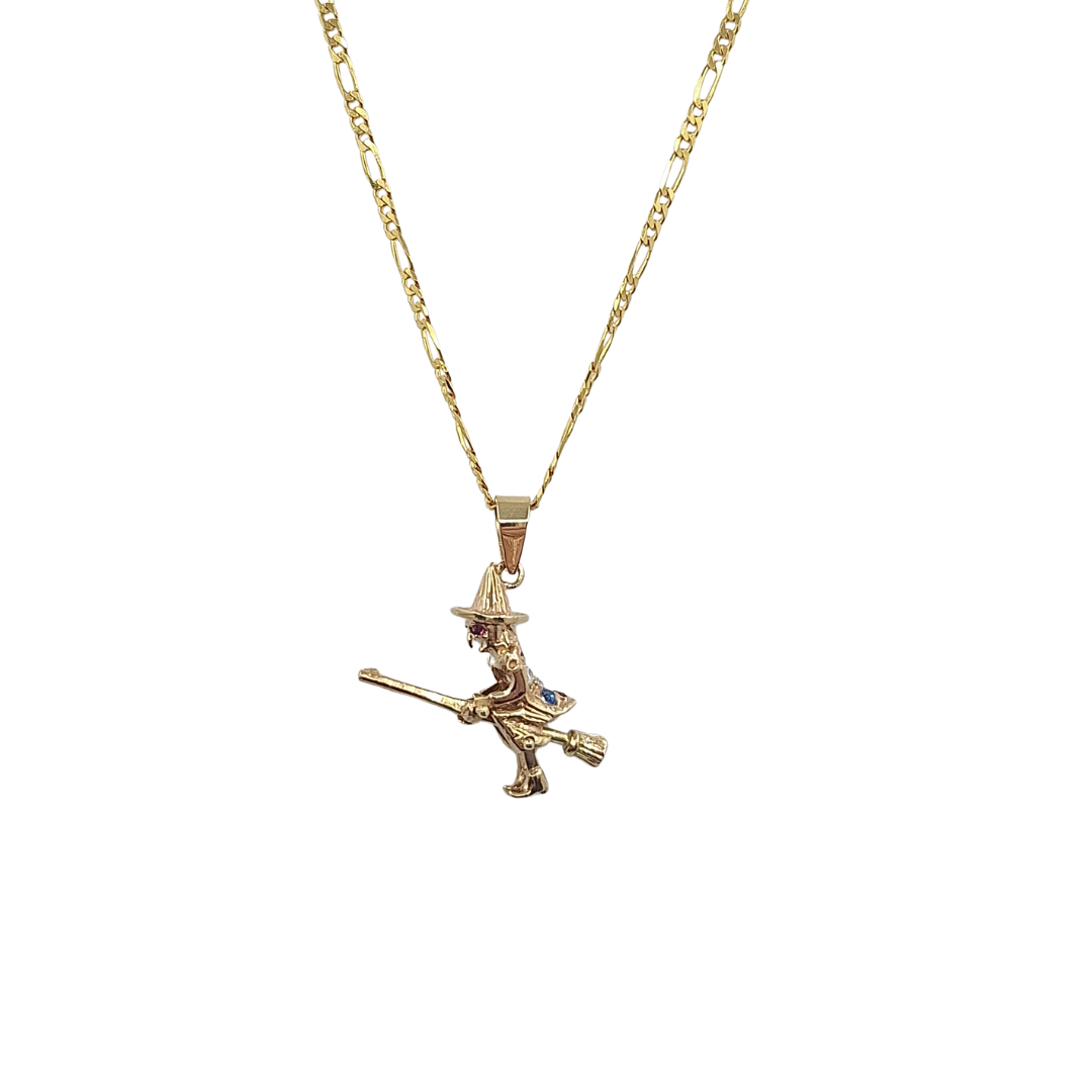 9ct Yellow Gold CZ Witch & Figaro Chain 26"