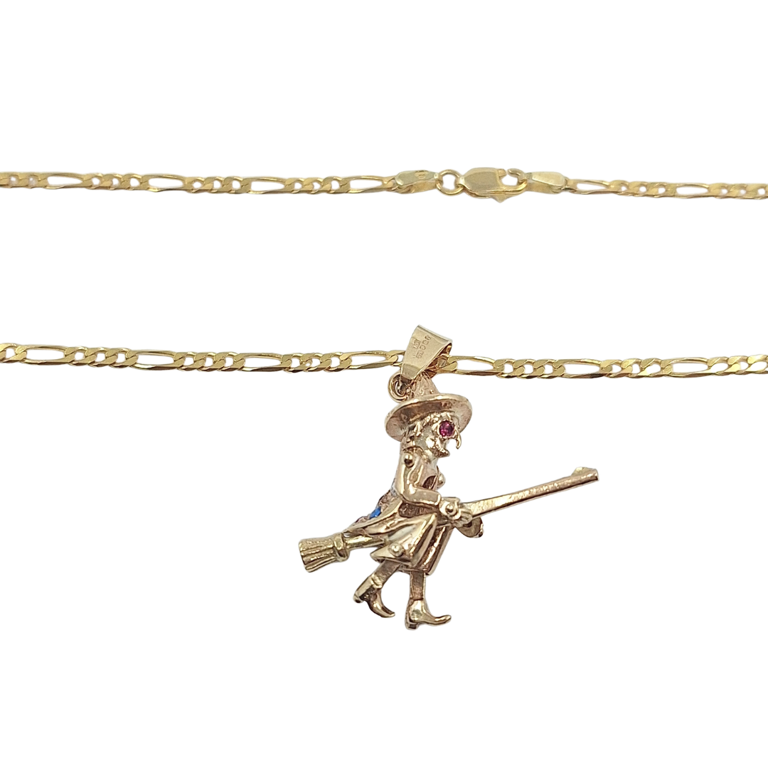 9ct Yellow Gold CZ Witch & Figaro Chain 26"