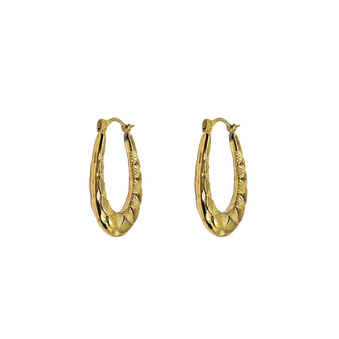 9ct Yellow Gold Patterned Oval Creole Earrings