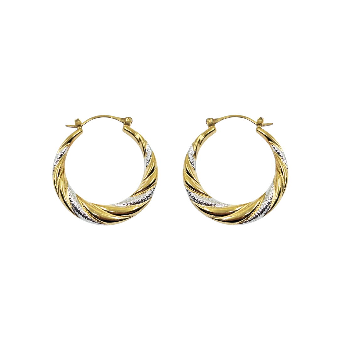 9ct 2 Colour Gold Patterned Creole Earrings