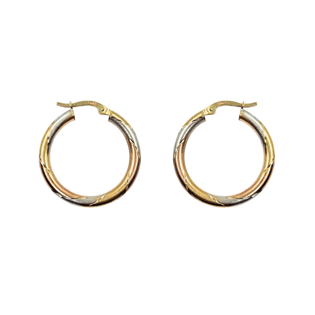 9ct 3 Colour Gold Patterned Hoop Earrings