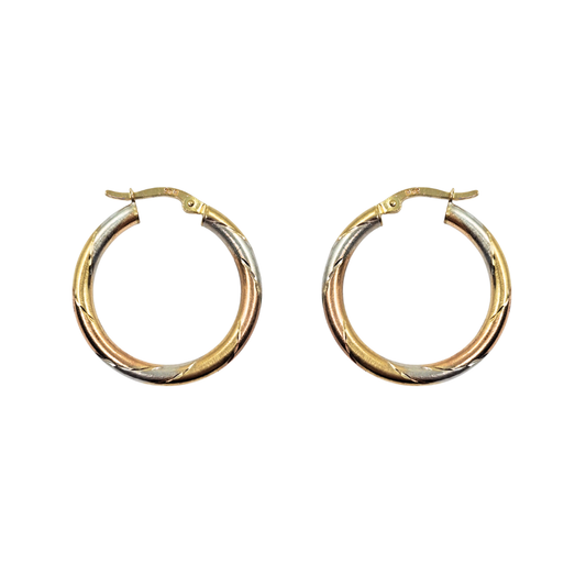9ct 3 Colour Gold Patterned Hoop Earrings