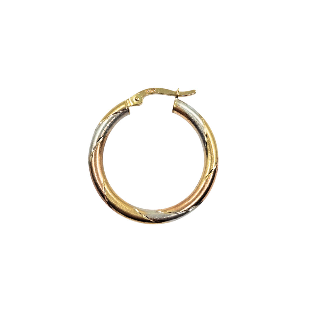 9ct 3 Colour Gold Patterned Hoop Earrings