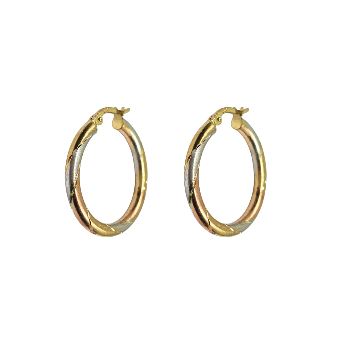9ct 3 Colour Gold Patterned Hoop Earrings