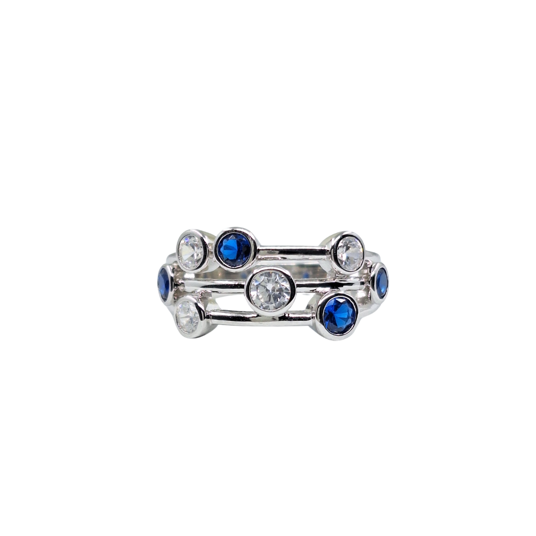 Silver Blue & White Cubic Zirconia Bezel Set Band Ring