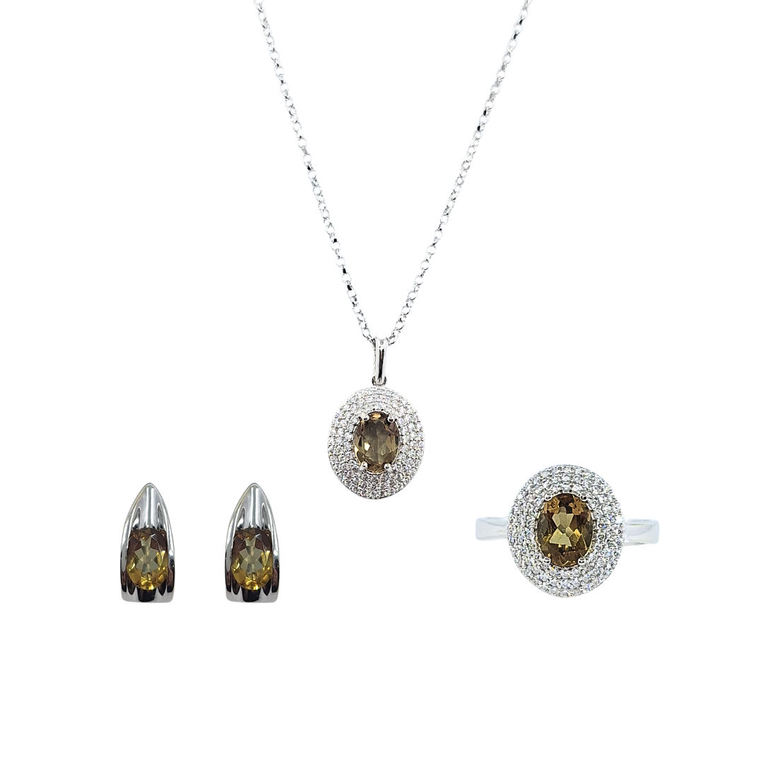 14ct White Gold Peridot & CZ Pendant Earrings & Ring Set
