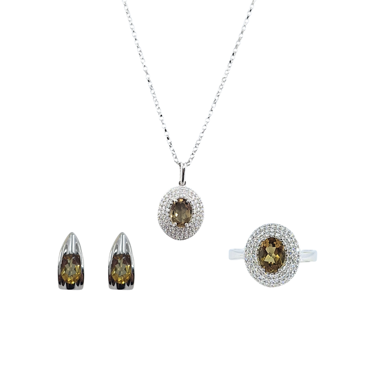 14ct White Gold Peridot & CZ Pendant Earrings & Ring Set