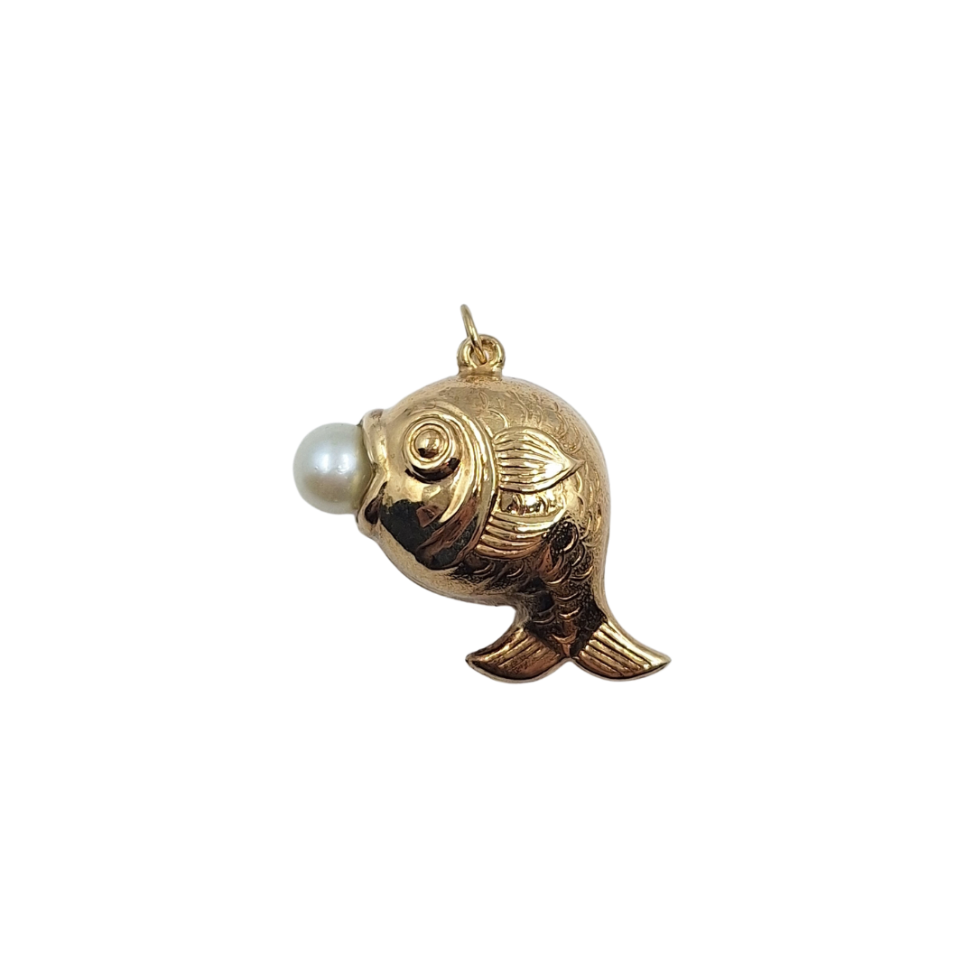 9ct Yellow Gold Hollow Fish With Pearl Charm