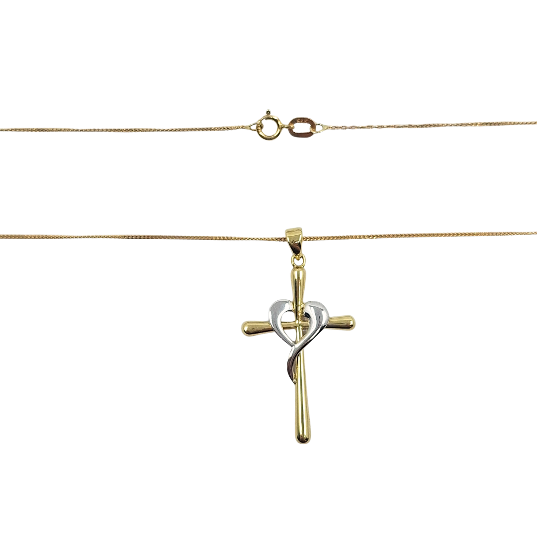 9ct Yellow & White Gold Heart Cross Pendant & Chain 18"