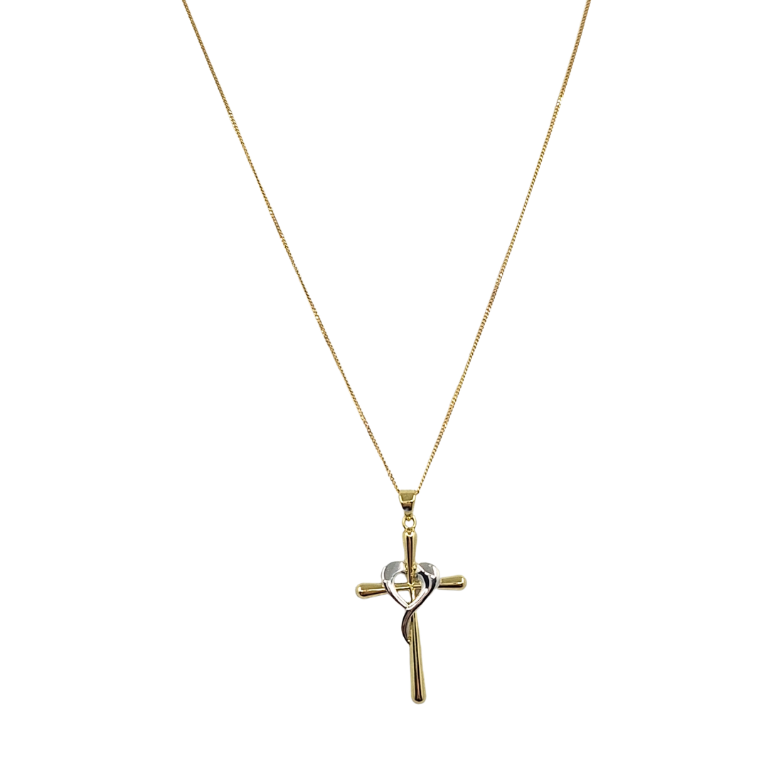 9ct Yellow & White Gold Heart Cross Pendant & Chain 18"