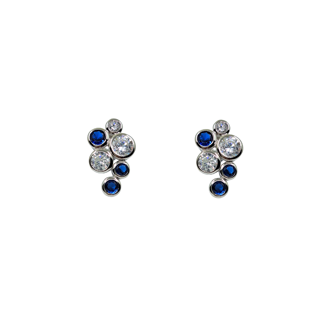 Silver Blue & White Cubic Zirconia Bezel Set Stud Earrings