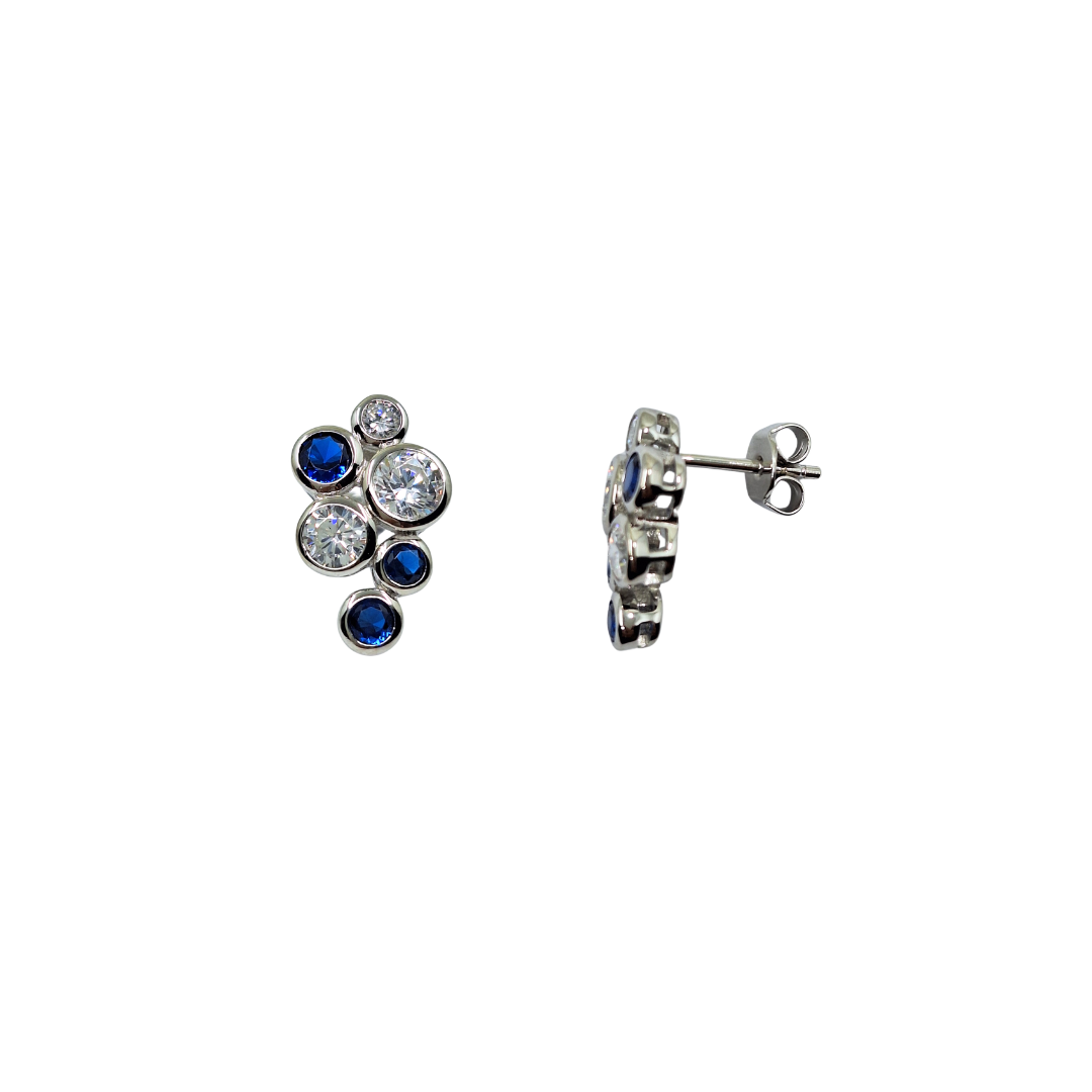 Silver Blue & White Cubic Zirconia Bezel Set Stud Earrings