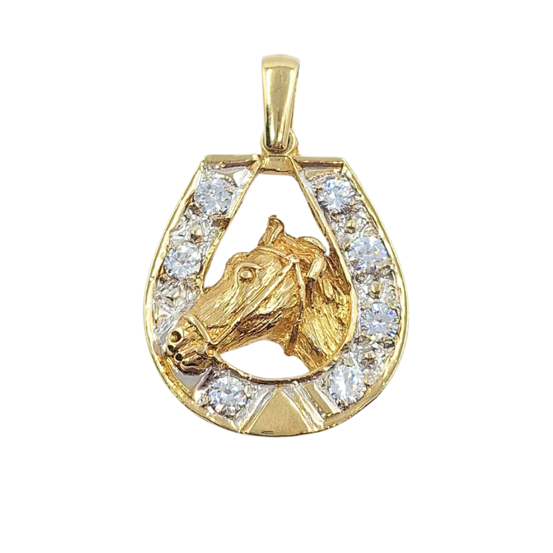 9ct Yellow Gold CZ Horseshoe & Head Pendant