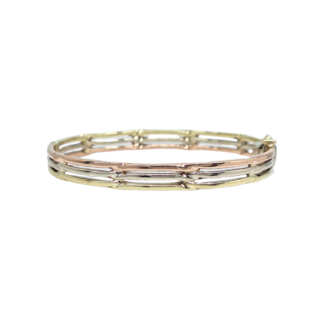 9ct Three Colour Gold Wavy Hinged Bangle