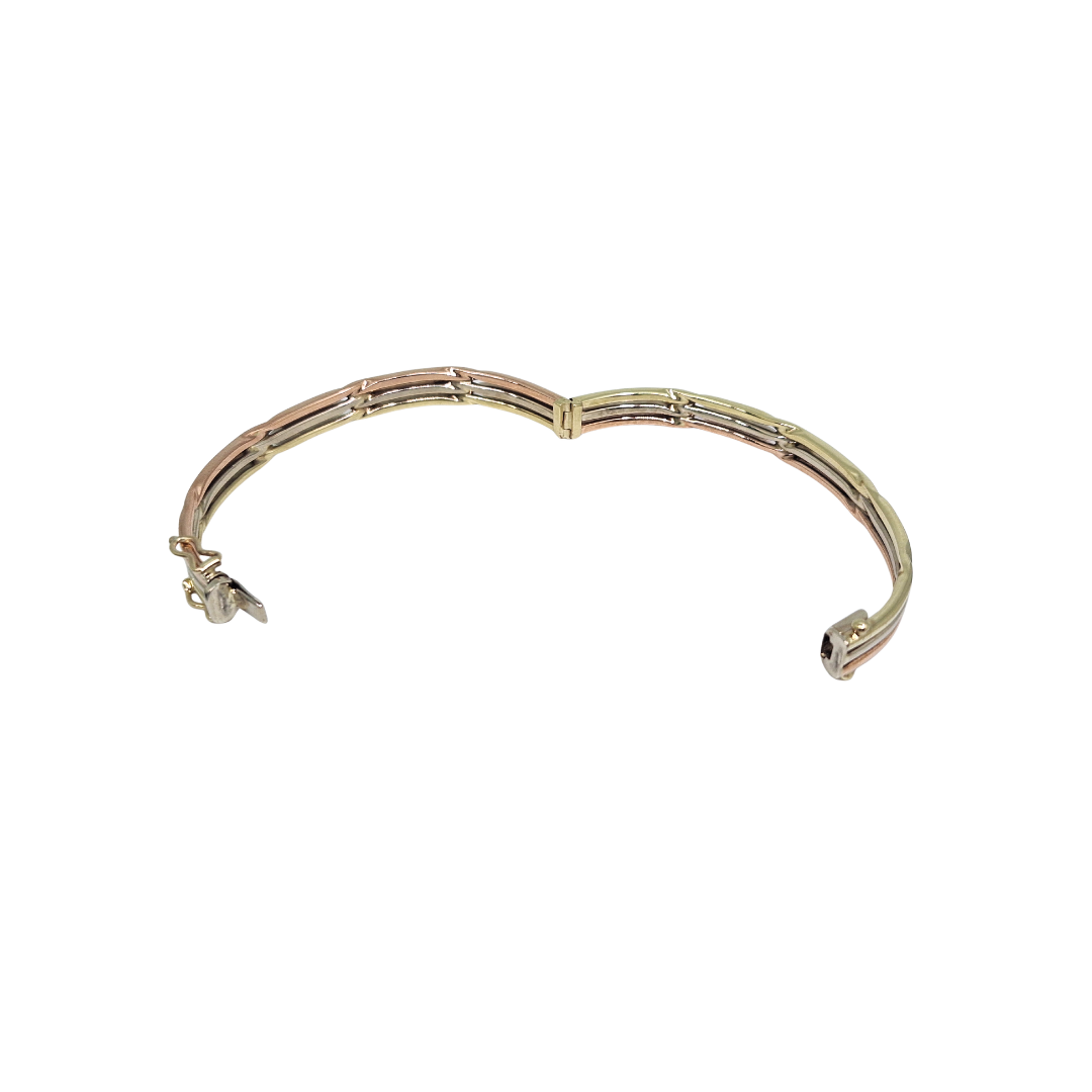 9ct Three Colour Gold Wavy Hinged Bangle