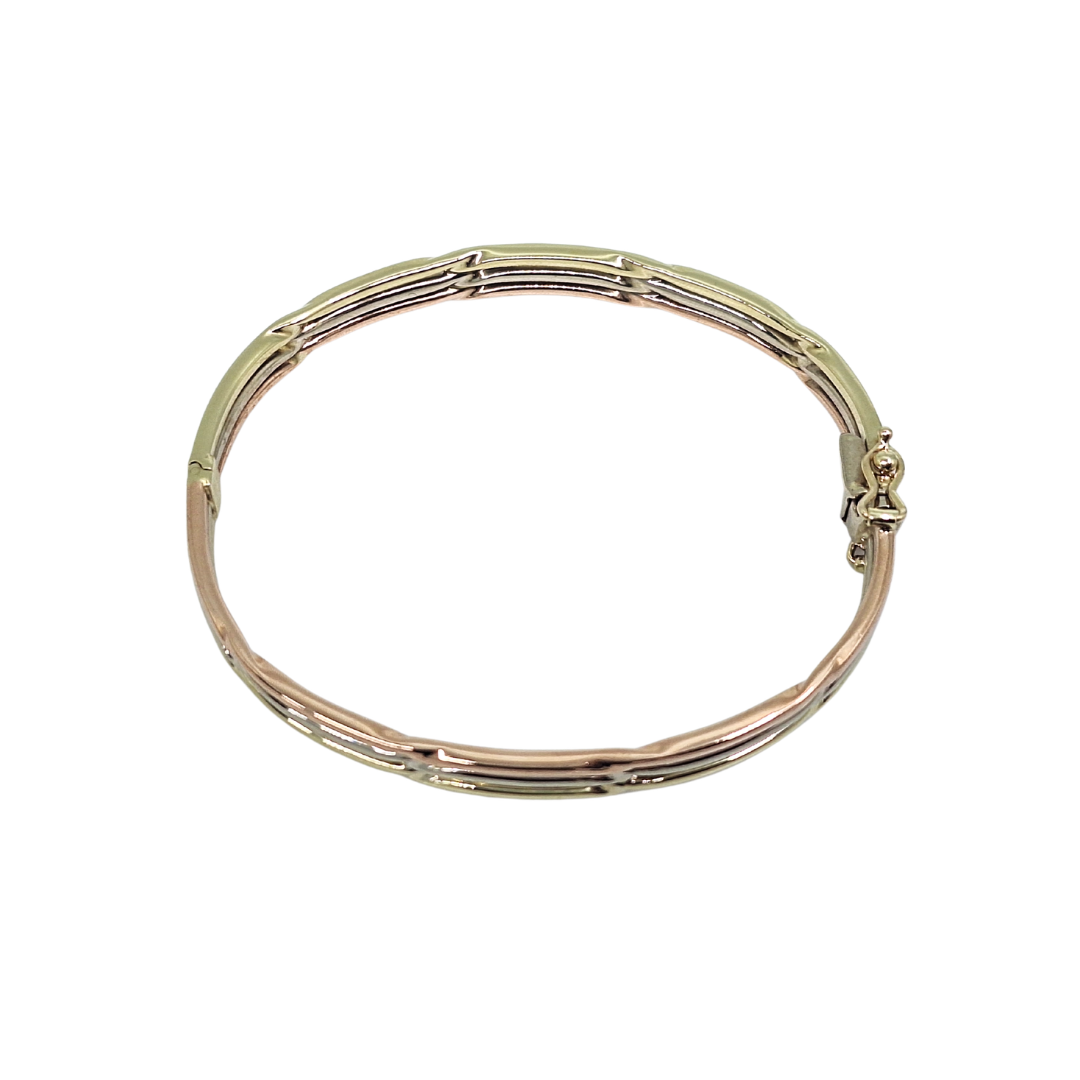 9ct Three Colour Gold Wavy Hinged Bangle