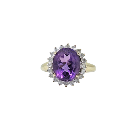 9ct Yellow Gold Amethyst & Diamond Cluster Ring