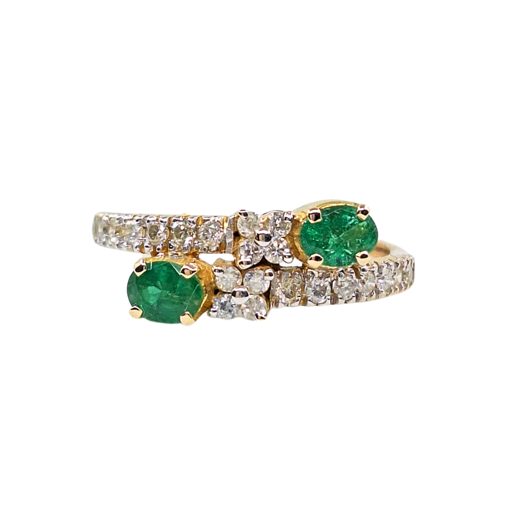 14ct Yellow Gold Emerald & Diamond Crossover Ring