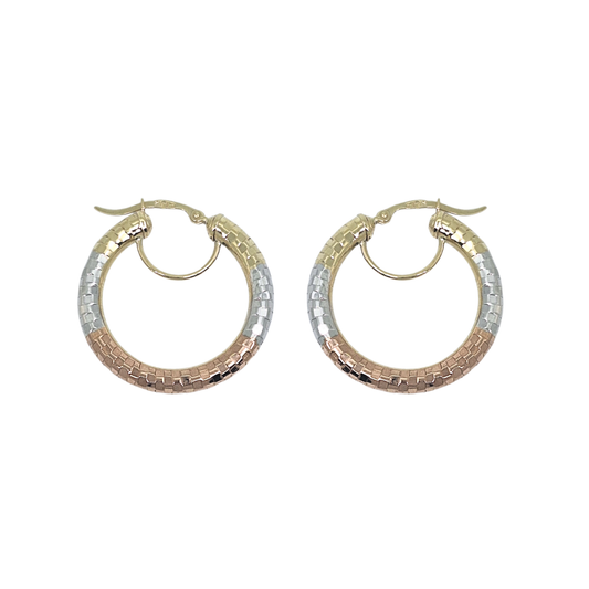 9ct Three Colour Gold Faceted Creole Earrings