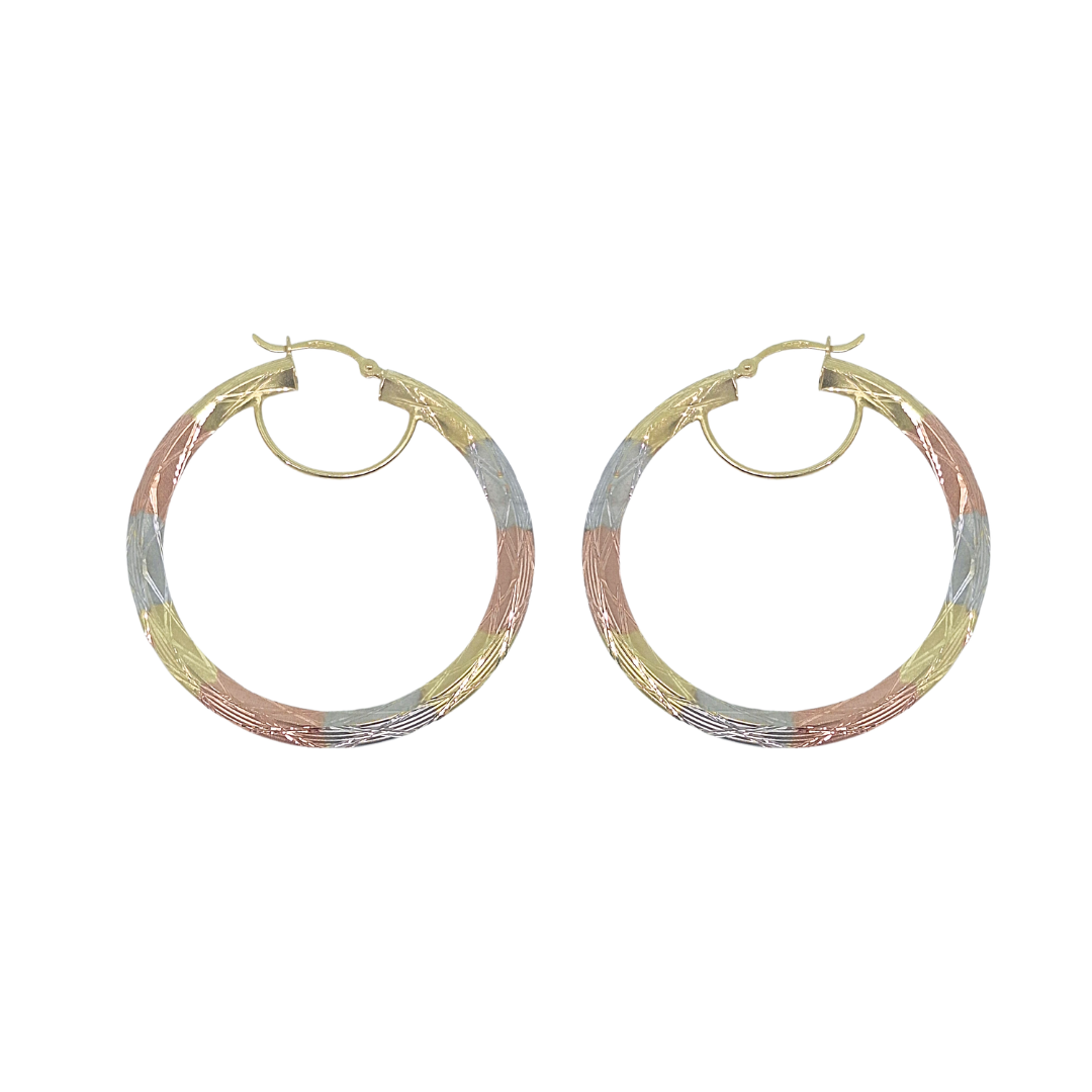 9ct Three Colour Gold Patterned Creoles