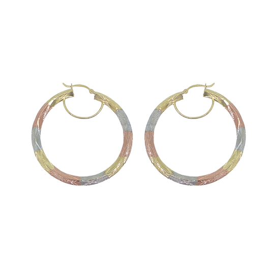 9ct Three Colour Gold Patterned Creoles