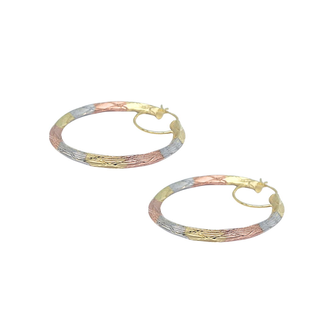 9ct Three Colour Gold Patterned Creoles