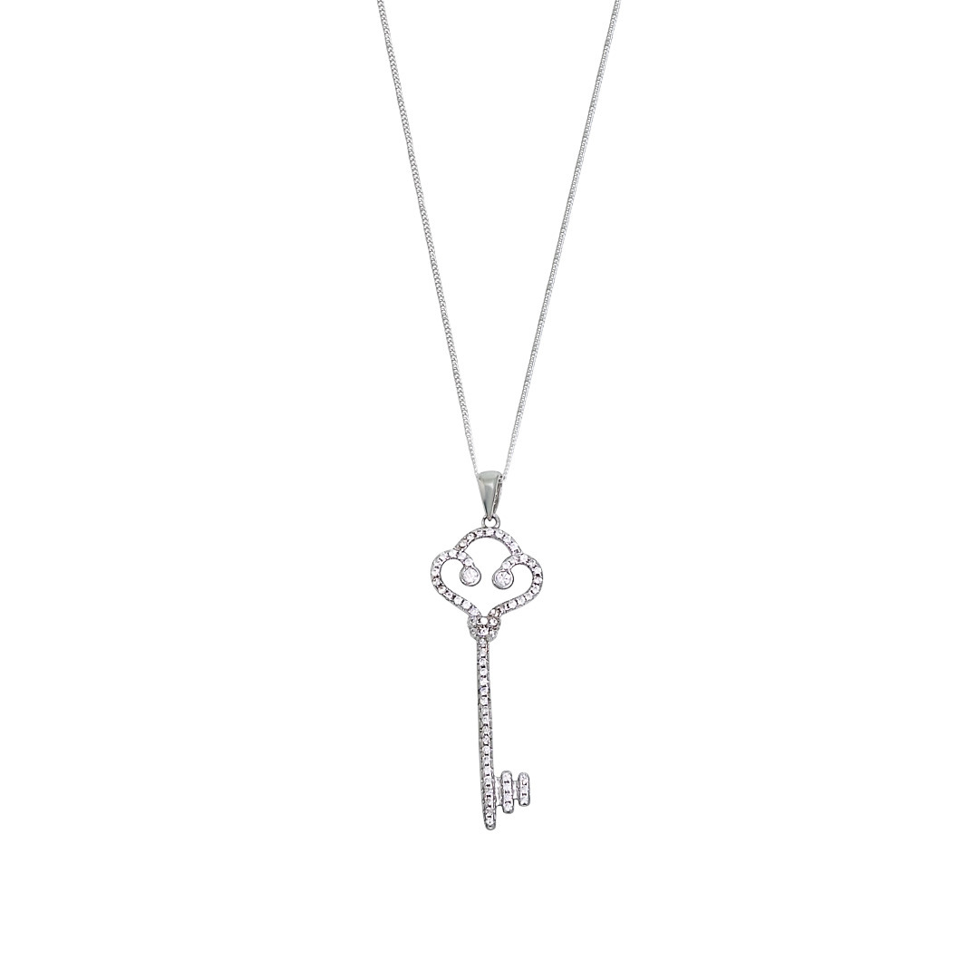 Sterling Silver CZ Key Pendant & Chain 16"