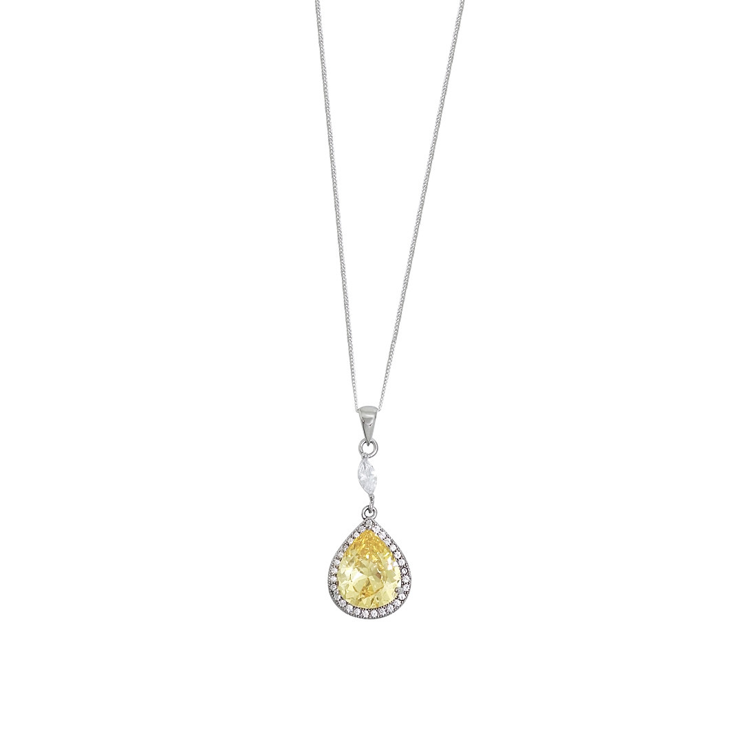 Sterling Silver Yellow CZ Pear Shape Pendant & Chain 16"