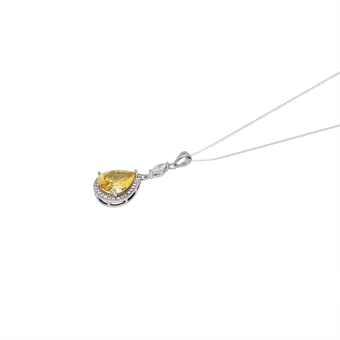 Sterling Silver Yellow CZ Pear Shape Pendant & Chain 16"
