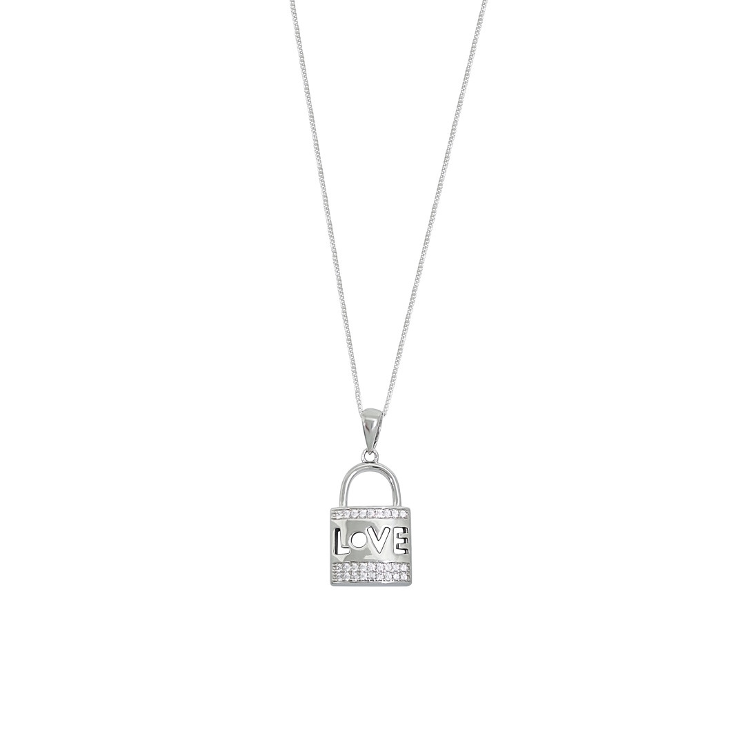 Silver CZ Love Padlock Pendant & Chain