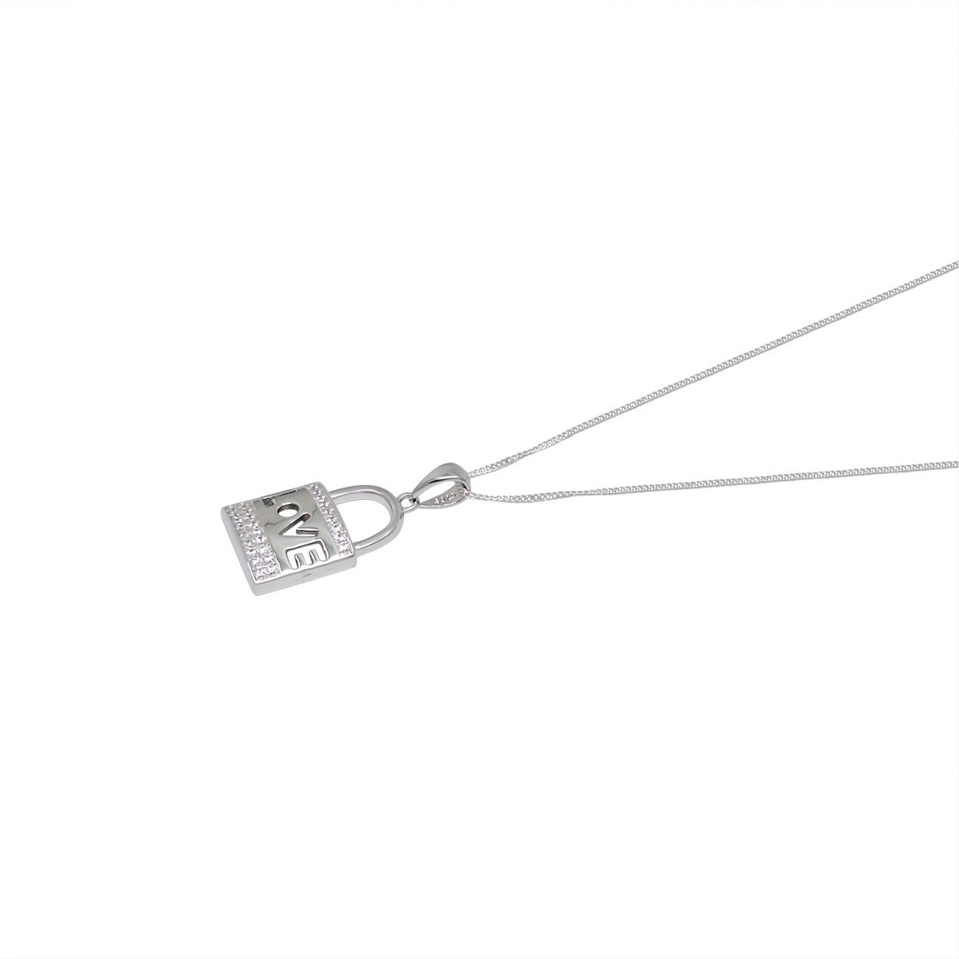Silver CZ Love Padlock Pendant & Chain