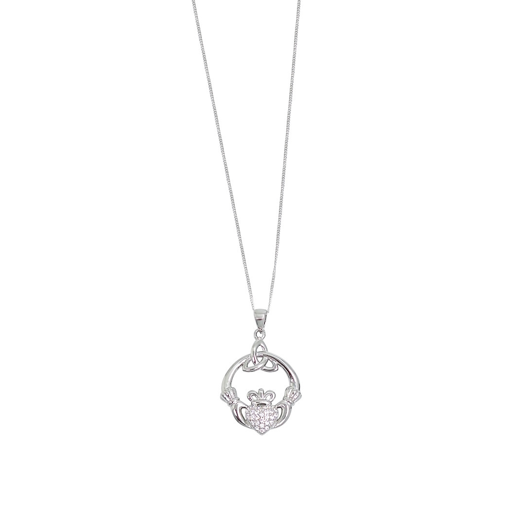 Sterling Silver CZ Claddagh Pendant & Chain 16"