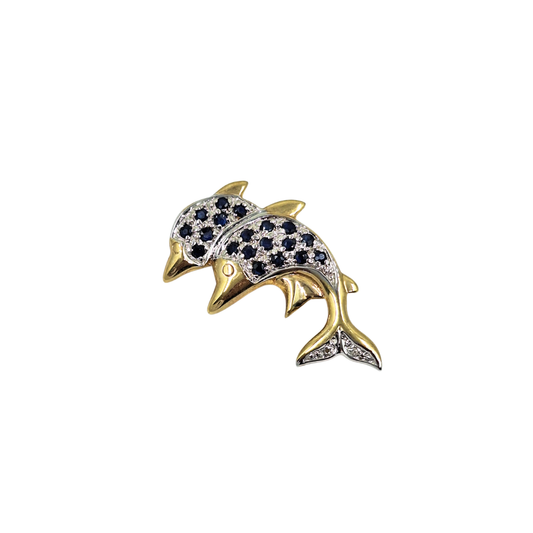 9ct Yellow Gold Sapphire & Diamond Dolphin Brooch