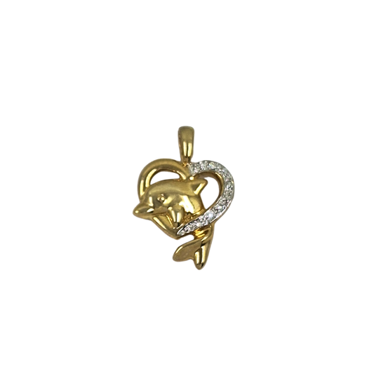 9ct Yellow Gold Diamond Dolphin Heart Pendant 0.03ct