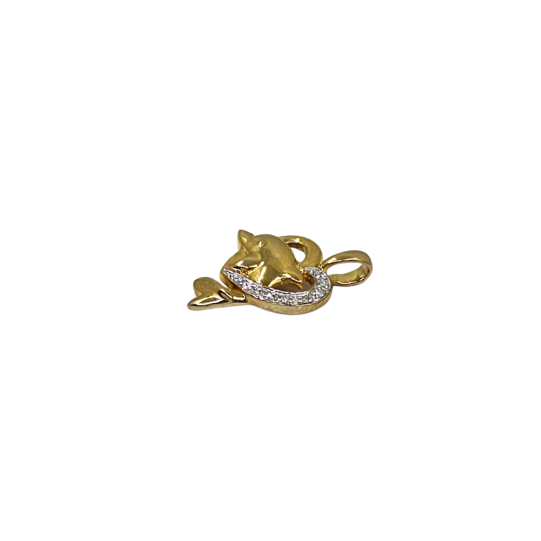 9ct Yellow Gold Diamond Dolphin Heart Pendant 0.03ct