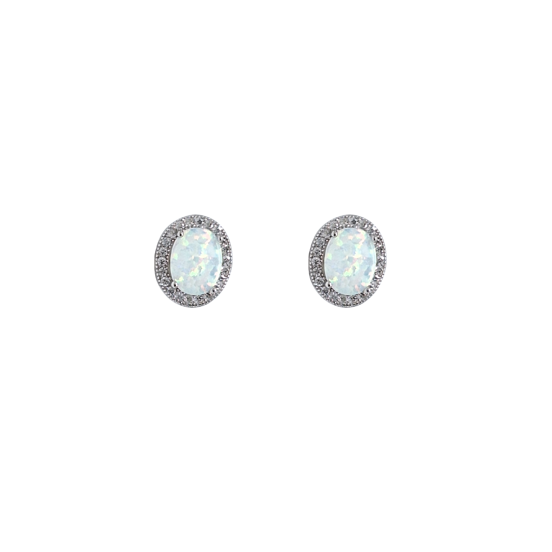 Sterling Silver Created Opal & CZ Stud Earrings