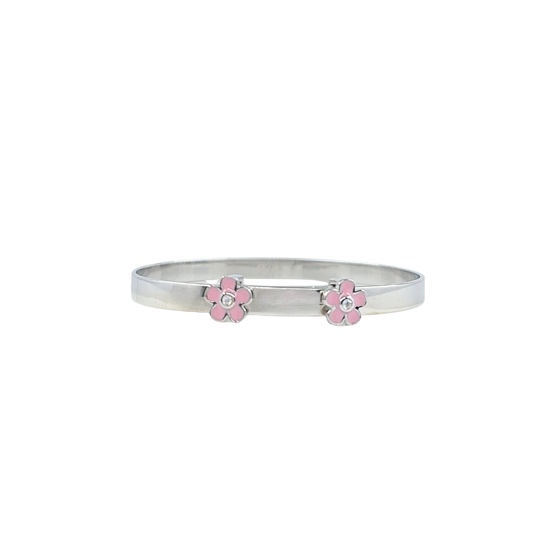 Silver Pink & White Cz Flower Expanding Baby Bangle