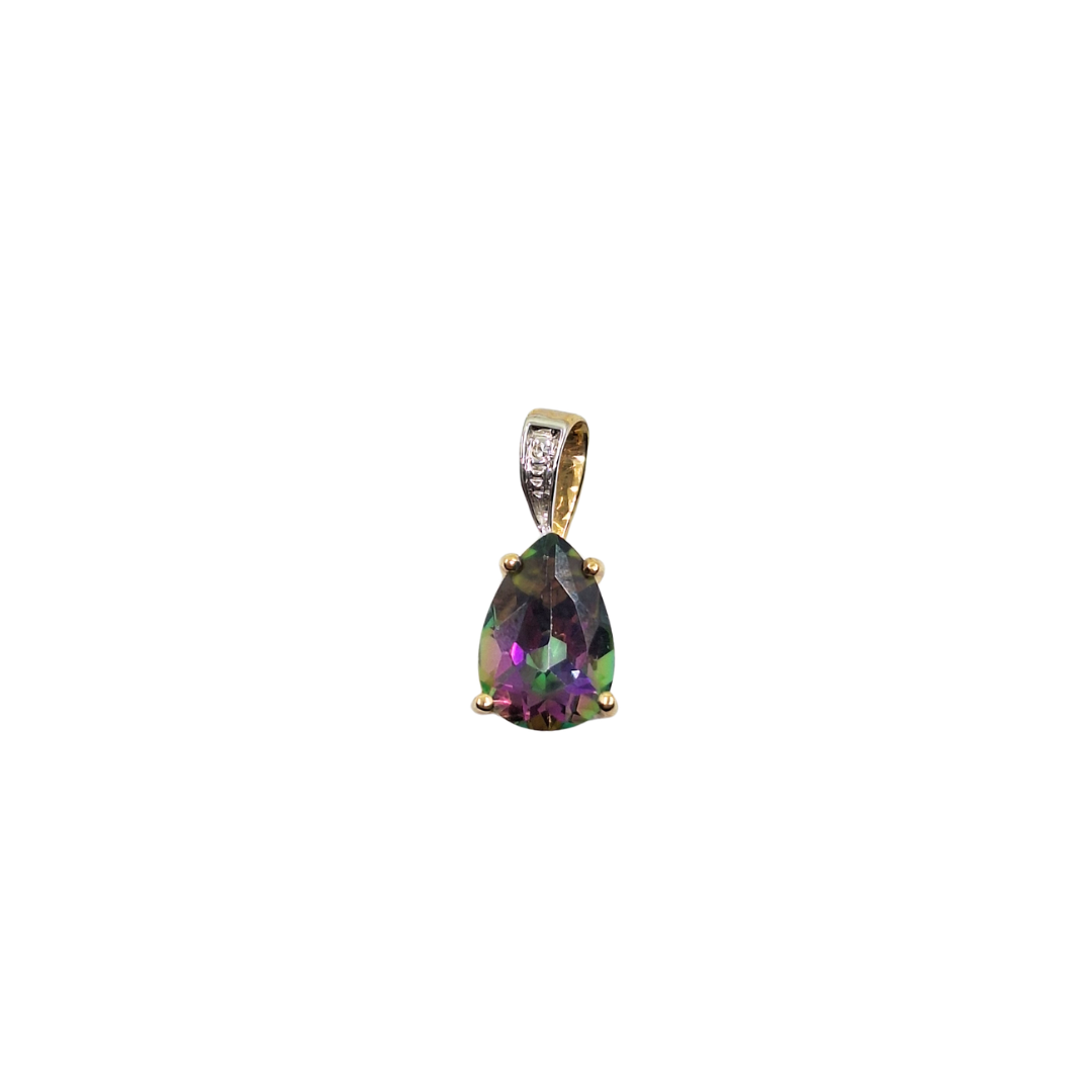 9ct Yellow Gold Pear Shape Mystic Topaz & Diamond Pendant