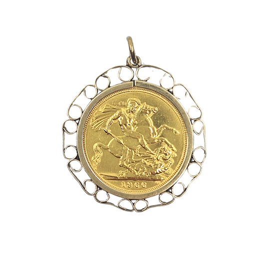 9ct Yellow Gold Full Sovereign Pendant 1966