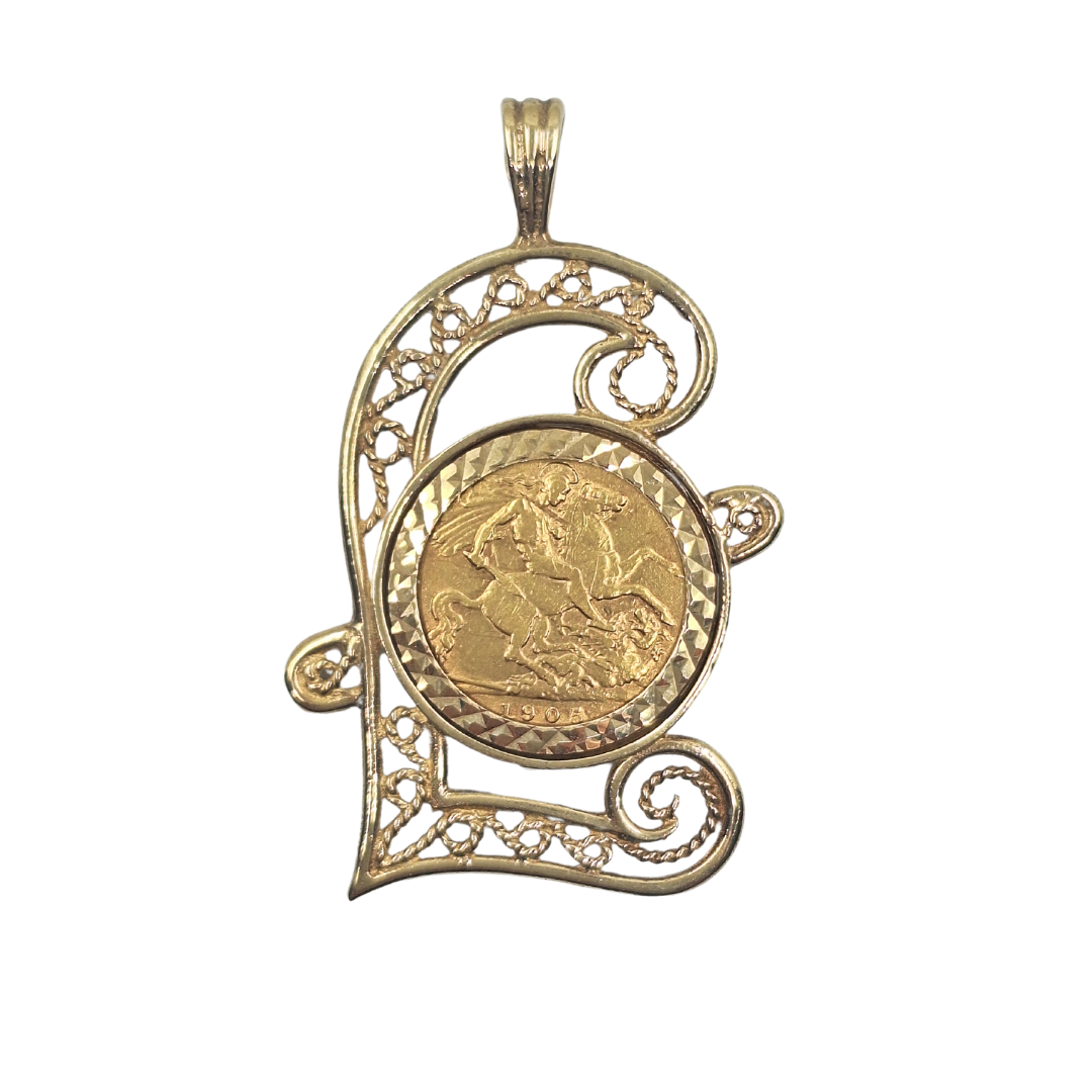 9ct Yellow Gold Half Sovereign Pound Pendant 1905